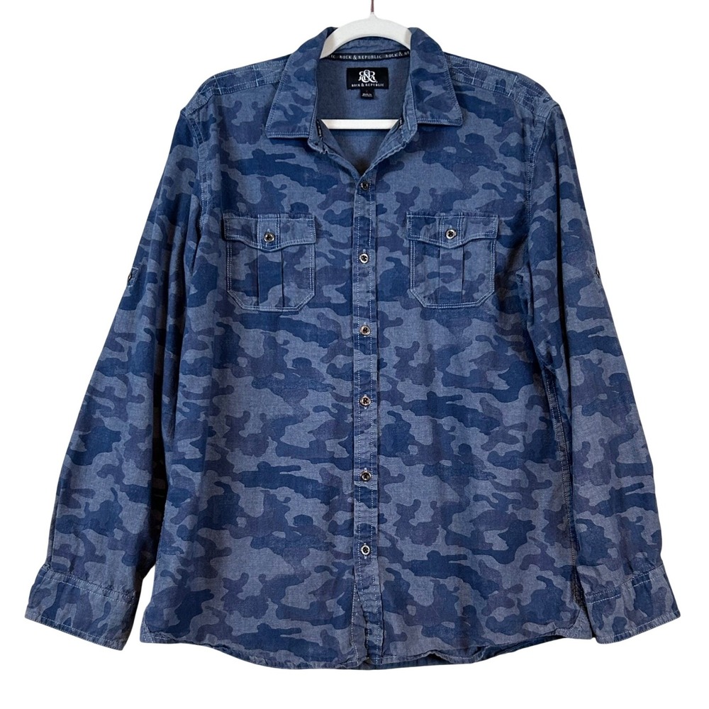Rock & Republic Womens Blue Camo Button Down Shirt Long Sleeve‎ Roll Tab Large